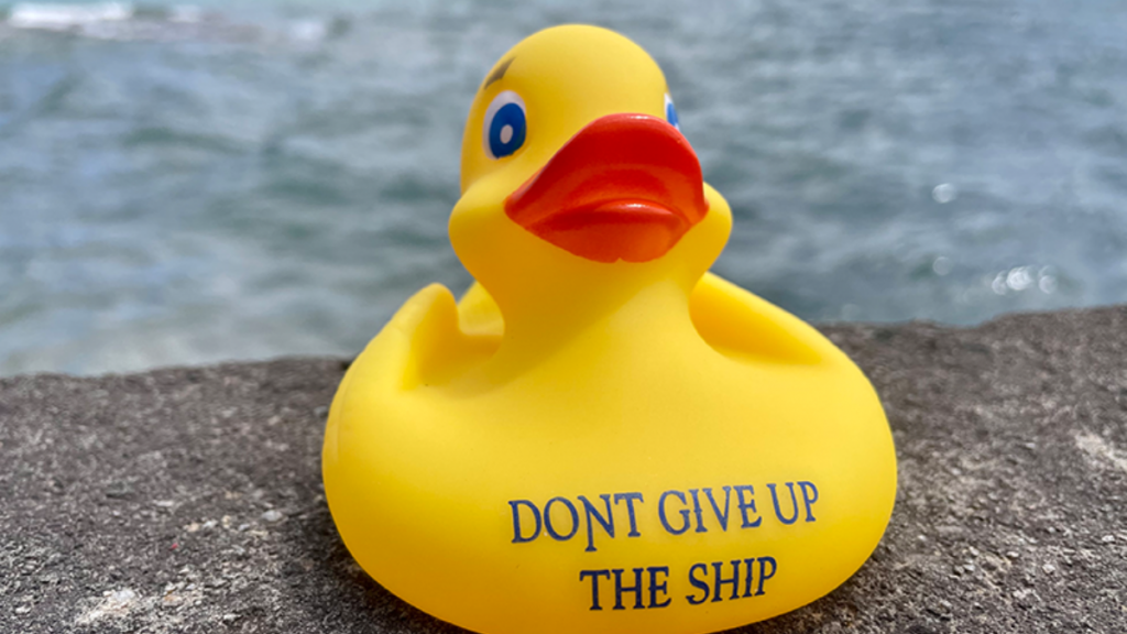 Photo of the ‘Don’t Give Up the Ship’ yellow duck promoting the Big Duck Sneak Peek at Put-in-Bay.
